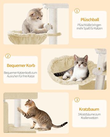 Дерево для кігтів Hzuaneri Kratzbaum 75 см, стійкий, з великою лежанкою, гrottoм, сизалевими стовпами, кошиком та іграшками, меблі для котів, MS07618LG (55 x 30 x 75 см, бежевий)