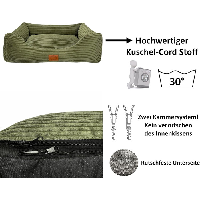 Ортопедичне ліжко для собак Elropet з м'якого корду, кошик для собак XS/S/M/L/XL (XXL 145x110x30 см), оливковий колір