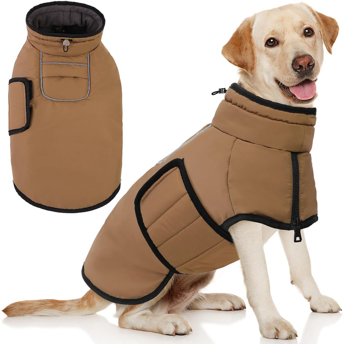 Теплий зимовий одяг для собак великих порід AOFITEE: водонепроникна куртка з флісу з коміром-хомутом, для Коргі, Бордер Коллі (L, Коричневий)