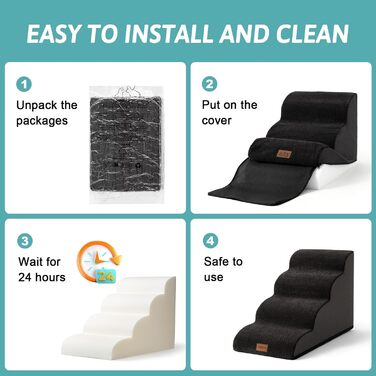 Сходинки для собак маленьких порід 50 см, сходи для тварин на ліжко з високощільним губчастим матеріалом, сходинки для собак з пральною наволочкою та неслизьким дном, 40x72x50 см, 4 сходинки (Чорний, 5 сходинок (40x84x57 см))