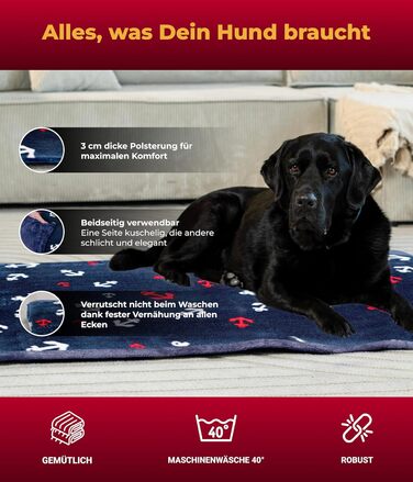 Лежак для собак HS-Hundebett, двосторонній, 75x115 см, зручний, 3 см наповнення, для дивану, авто і клітки, синій, вироблено в Німеччині