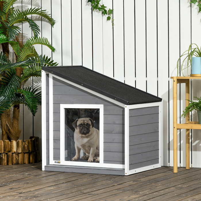 PawHut Dog House Атмосферостійка будка для собаки з ялинового дерева з асфальтовим дахом і дверною шторою сіра 71x58x53/77см для маленьких собак