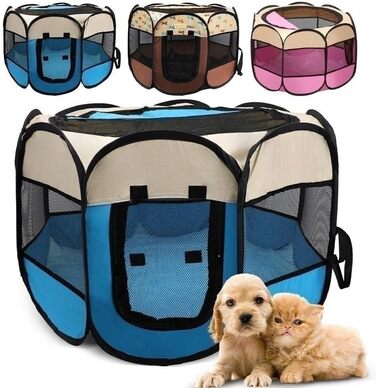 Клітка-забіг для собак та цуценят, розкладний вольєр для тварин, 73x73x43 см (Синій)