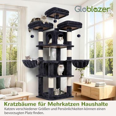 Ігровий комплекс для котів Globlazer F68B з 3 платформами та 2 будиночками, кігтеточка для 2-3 котів, 174 см, темно-сірий