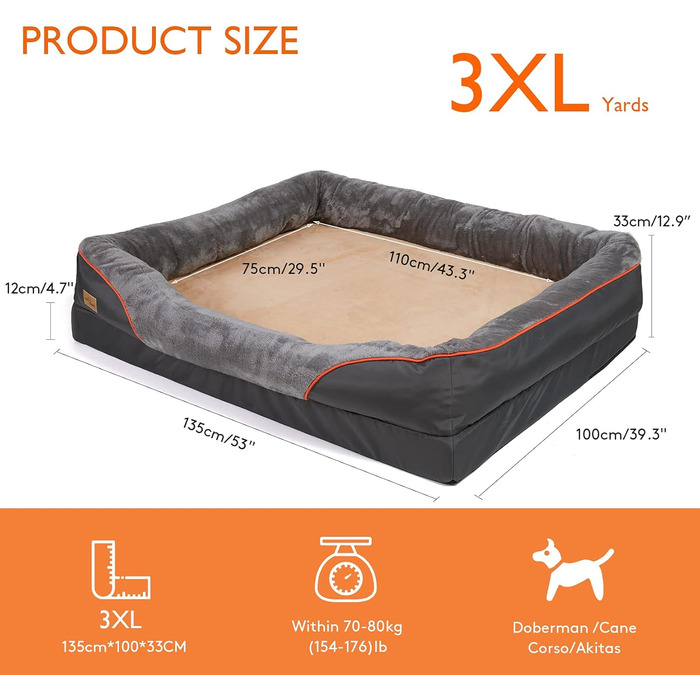 Ортопедичне собаче ліжко з memory foam: водонепроникне диван для собак, великого розміру XXXL (135x100 см) з роликом для шиї, знімний чохол