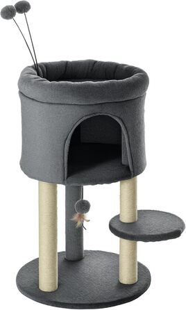Драбина для котів PawHut 73,5 см з будиночком та іграшкою, сітка з сизалю, котячий комплекс сірий+кремовий