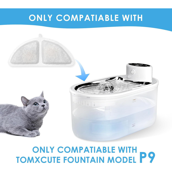 Фільтр для фонтану для котів TOMXCUTE P9, набір 10 змінних фільтрів і 2 префільтри, для автоматичного котячого фонтану на батарейках