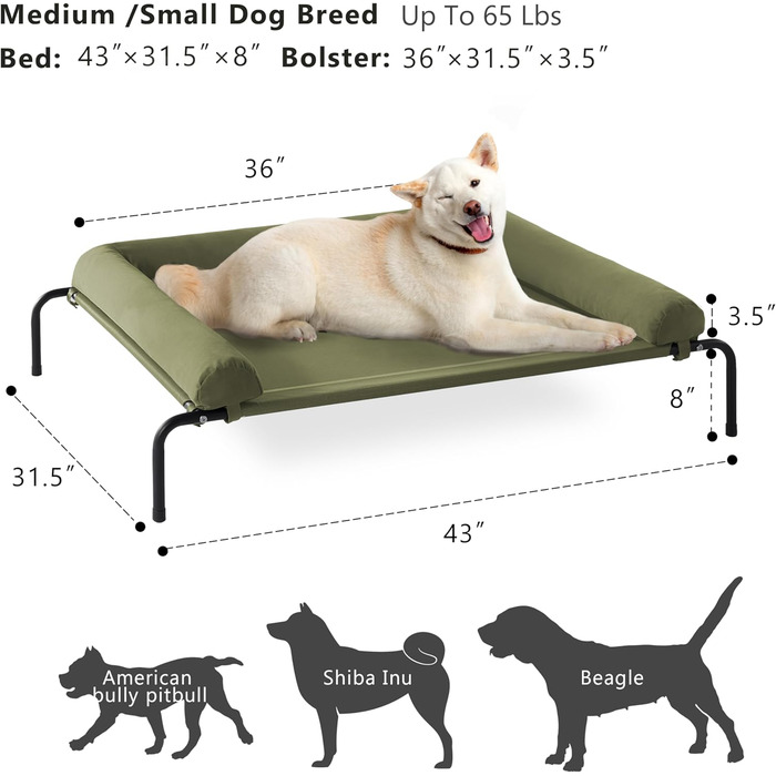 Холодне собаче ліжко WESTERN HOME для великих собак, підняте, дихаюче, для вулиці, знімний чохол, 109x79x20 см, зелене