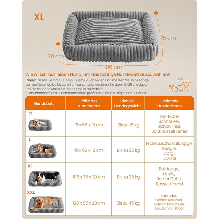 Feandrea Крізь для собак, великий ортопедичний лежак для собак, знімний лежак для собак, м'який лежак для собак, м'яка підстилка, 91 x 68 x 18 см, PGW312GD01 (XL (106 x 75 x 20 см), Taubengrau)