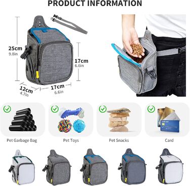 PETCUTE: Сумка для дресирування собак, зручна та міцна, з дозатором для відходів, сіра+блакитна
