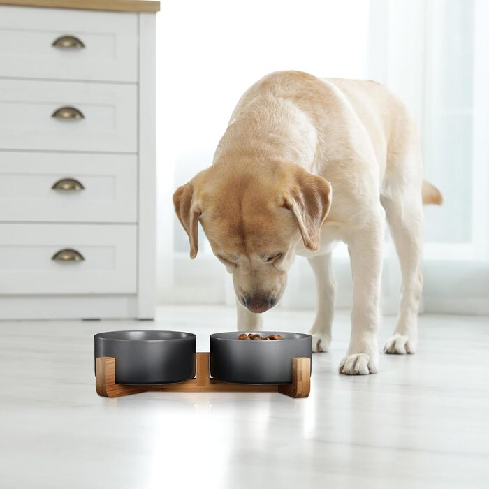 Миска для собак Relaxdays, кераміка, 850 мл, корм та вода, бамбуковий каркас, білий колір, 9 x 32 x 17 см