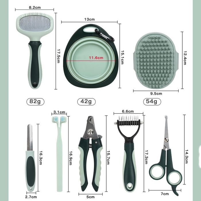 Набір для догляду за тваринами на 8 предметів для собак та котів: щітки від випадання шерсті, ванна щітка, щітка для вичісування, щітка для підшерстка, гребінець від бліх, ножиці для обрізання кігтів, сумка для аксесуарів 21*4*29 см, зелений