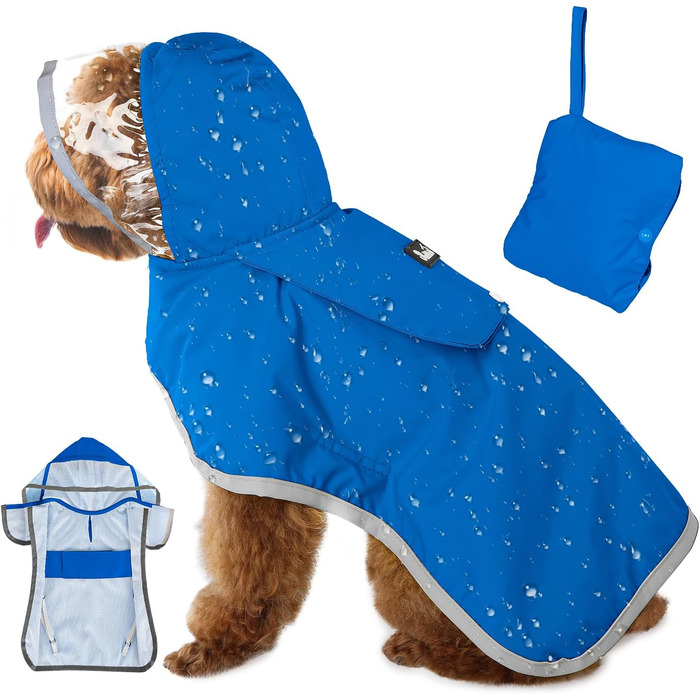 Водонепроникний дощовик для собак Eyein з капюшоном, м'яким підкладкою та світловідбиваючими смугами, для маленьких собак, блакитний (S)