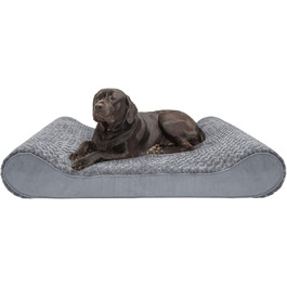 Крісло-лежанка для собак великих порід Furhaven з піною з пам'яті, знімний та пральний чохол, до 81,6 кг, ультра-м'яке штучне хутро та велюр, контурна матрацна поверхня, сірий колір, розмір XXXL (147 x 107 x 23 см)