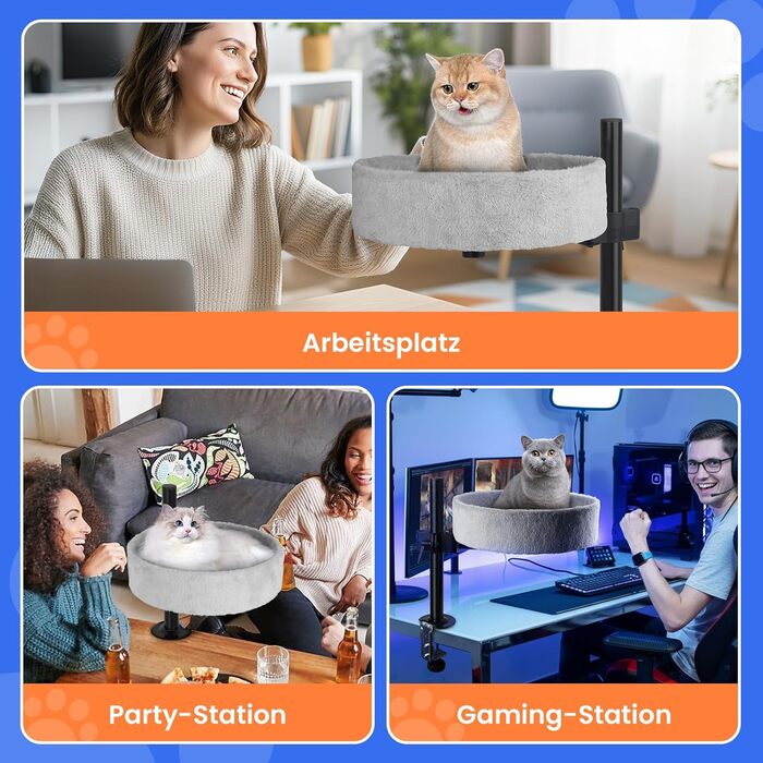 BSWAY ліжко для кота на стіл - без свердління, 360° обертання, регульована висота. Підвищене котяче ліжко над столом. Тримає кошеня/кота близько, робочий простір чистий. Ліжко для кота на стіл (Сірий, XL). Сірий XL