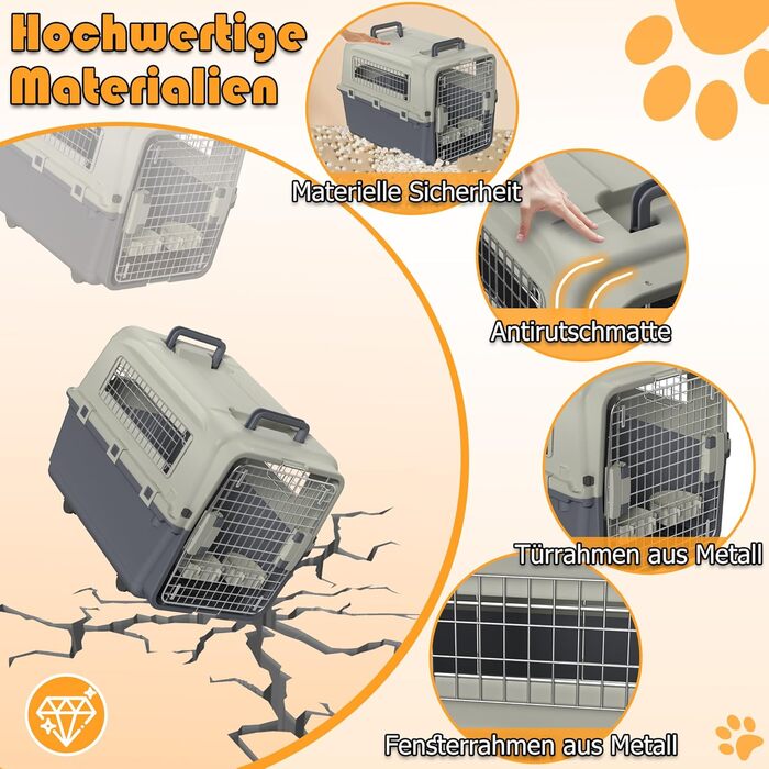 Транспортна клітка для собак YRHome 67x51x51 см з металевими вікнами, дверима, піддоном, ручкою, колесами, для подорожей літаком та авто, до 12,5 кг