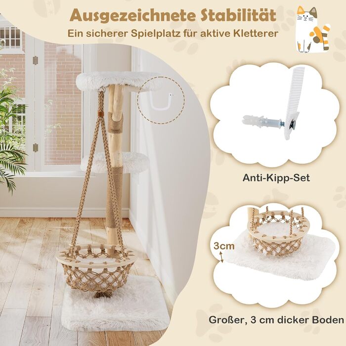 Дерев'яний кігтетопор Costway для котів з гамаком, мотузкою, натуральними гілками та платформою, 123 см