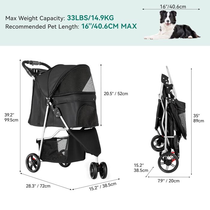 Візок для собак та котів YITAHOME 15 кг, чорний, з трьома колесами, сітчастим вікном та гальмами