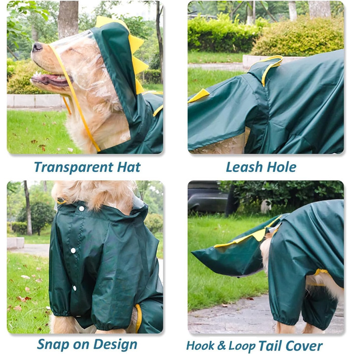 Дощовик для великих собак з повним хвостом, захист, косплей, водонепроникний, костюм, капюшон, комбінезон, куртка для середніх та великих собак, динозавр, розмір 6XL (довжина спини: 63 см, обхват грудей: 83 см)