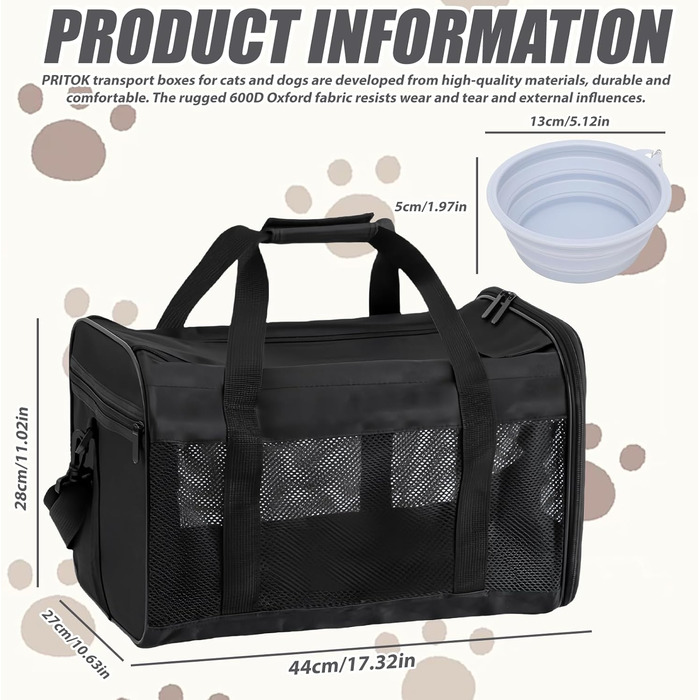 Транспортна переноска для котів та собак, 42x27x28 см, чорна: складана, з мискою для їжі
