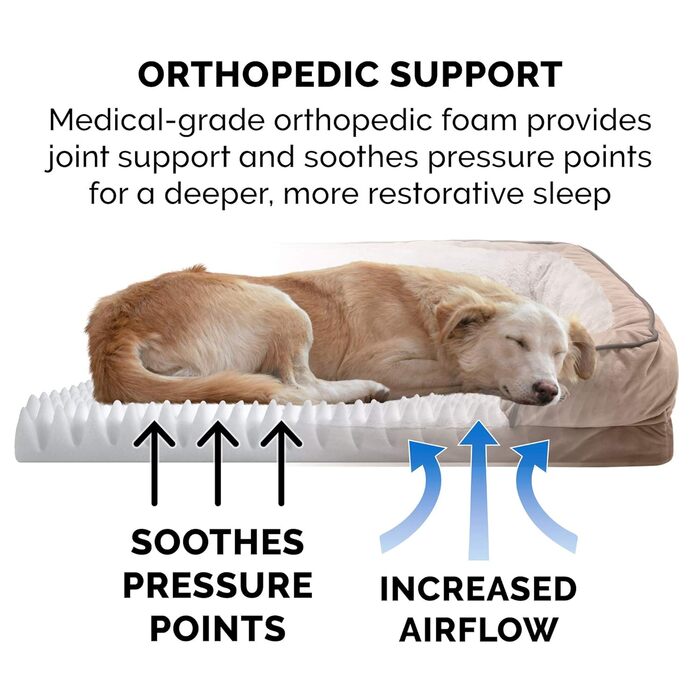 Лягу для собак FurHaven Large з піною з пам'яті, плюш та вельвет, стиль дивану, знімний чохол, коричневий, розмір L (91 x 69 x 19 см)