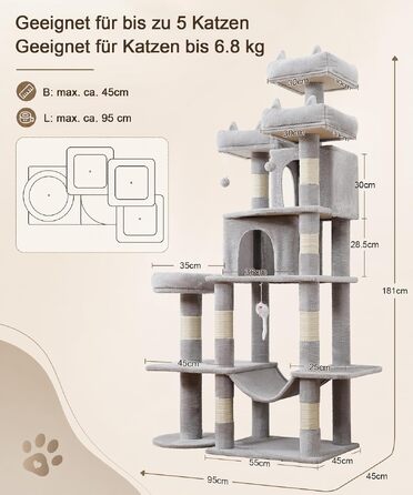 Ігровий комплекс для котів Kratzbaum, 181 см, когтеточка-будиночок для квартири (світло-сірий)