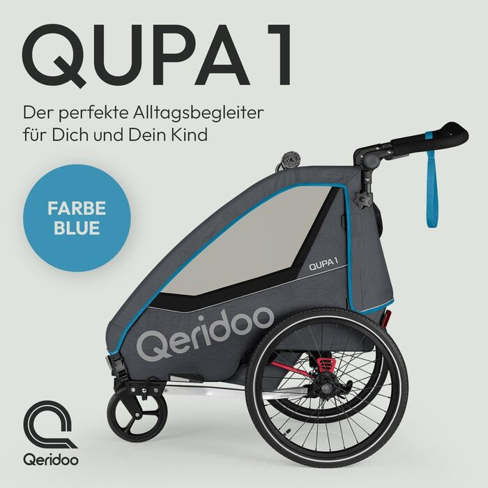 Причіп для велосипеда Qeridoo QUPA 1 з листковою підвіскою, складаною кабіною, розширюваним сидінням, візок-причіп, регульована ручка, 5-точкова система ременів безпеки, для 1 дитини, блакитний