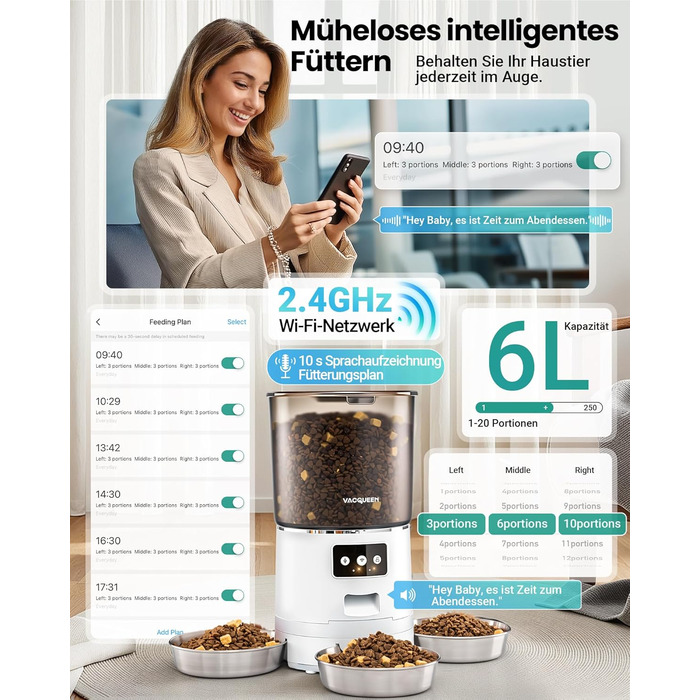 Автомат годівниці для котів з APP та таймером, 6 л / 25 чашок, 3 миски, 3 пакети силікагелю, система проти застрягання, 2.4G WiFi, 10-секундна голосова зйомка, годівниця для котів та собак (білий)