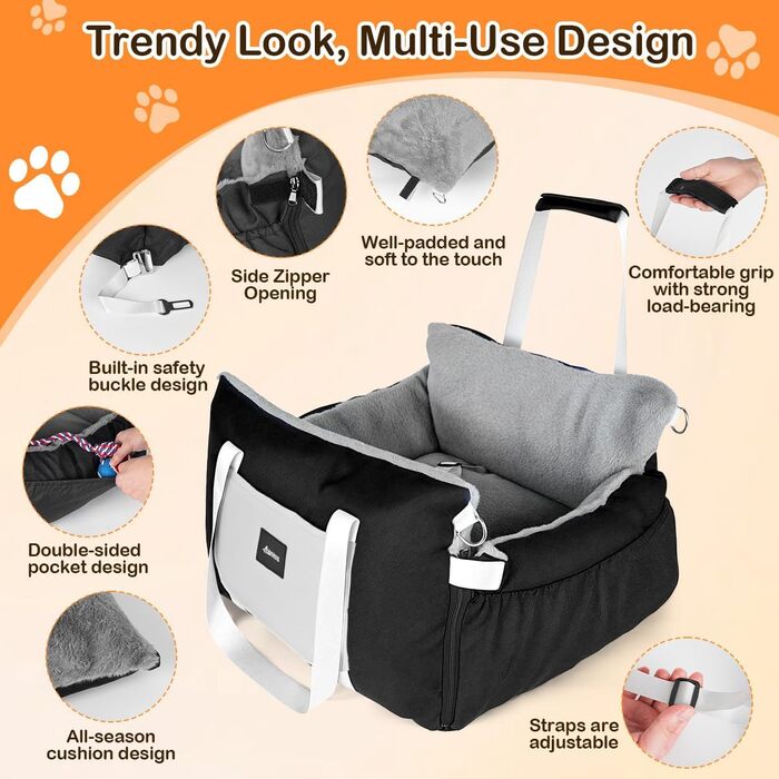 Автомобільний лежак для собак 3-в-1 – переносна лежанка для маленьких собак, з розкладною поверхнею, м'яким матрацом, для переднього та заднього сидіння, чорний