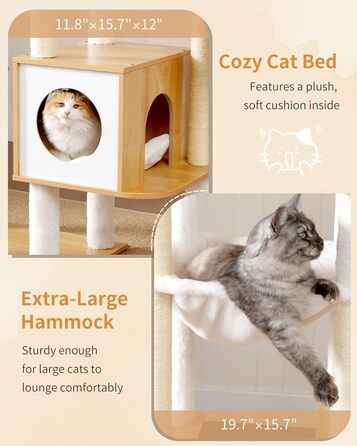 Дерев'яний котячий комплекс Heybly Kratzbaum HCT121WB: 179 см, платформа, будиночок, гамак, сизаль, стабільний, легка збірка