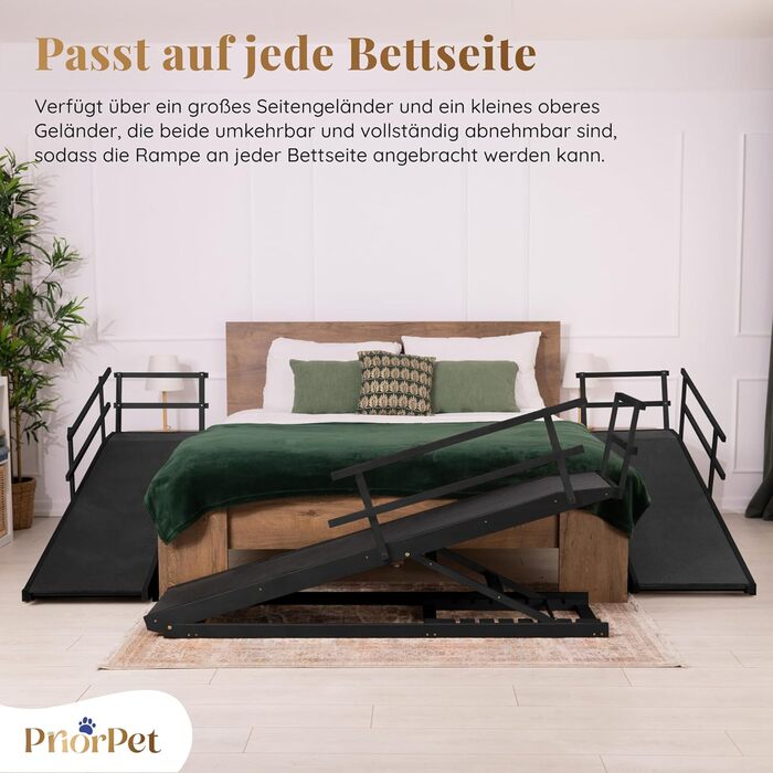 Східці для собак до ліжка з захисним бар'єром - для великих собак до 90 кг - регульована висота до 94.5 см - ширина 49.5 см - складані - антиковзні ручки - береза - натуральний колір (чорний)