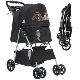 Візок для собак та котів YITAHOME, до 15 кг, з сітчастими віконцями, тримачем для напоїв та кошиком для речей (Чорний)