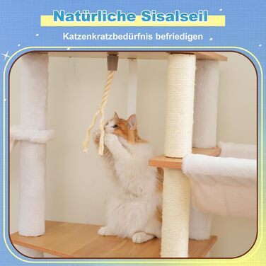 Дерев'яний кігтеточки Hey-brother Holz Kratzbaum 184 см для великих котів, багатоярусний, зі стійкою платформою, кошиком, будиночком, щіткою та драбиною, Noyer EMPJ121WB