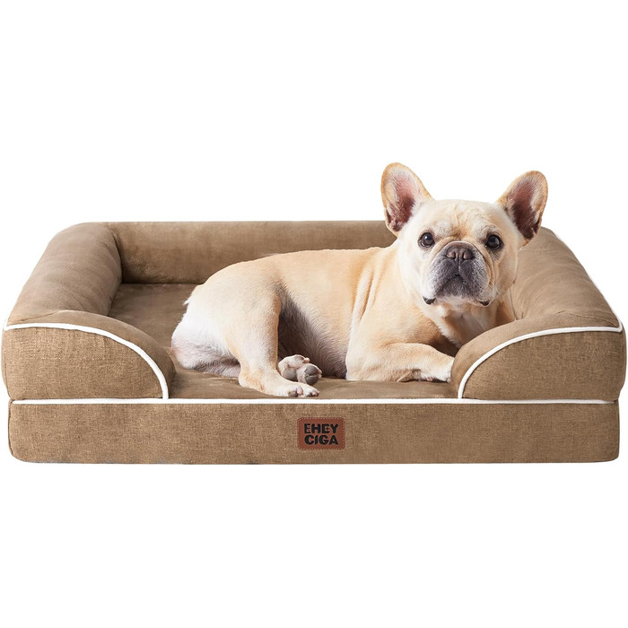 Ортопедичне ліжко для собак EHEYCIGA, 76x51 см, Memory Foam, для середніх та маленьких собак, з високим бортиком, вологостійке, неслизьке, Kamel