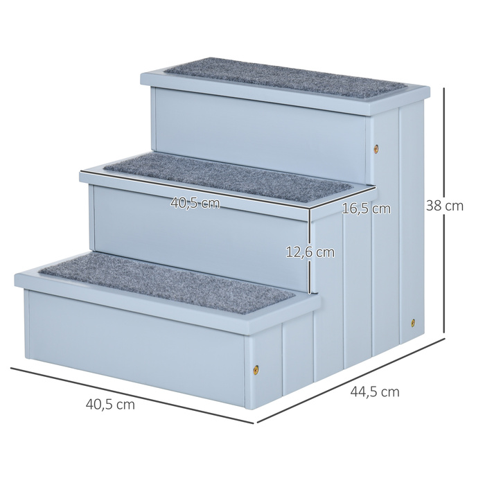 PawHut Pet Stairs Сходи для собак з 3 сходинками та килимом, для зберігання, сірий, 40.5x44.5x38 см для маленьких собак та котів
