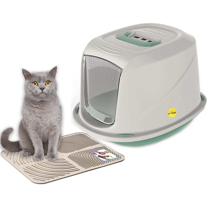 Набір для котячого туалету CatCentre з ковпаком, Jumbo, з лотком, ситочкою, фільтром, ручкою (XL, зелений + кремовий матовий)