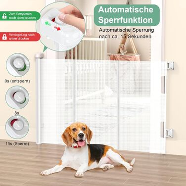 Захист для сходів з замком, розтяжний захист для дітей та собак, ширина 150 см, висота 83 см (140 см/білий, без свердління, автоматичний замок)