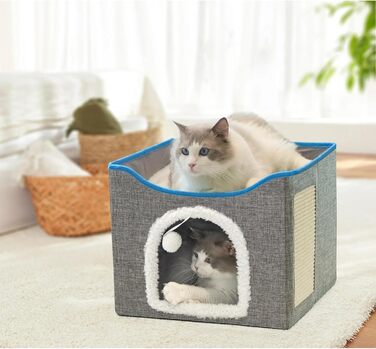 Будиночок для котів Fluffy Paws Store – велика м'яка котяча нора для домашніх котів з підвішеним пухнастим м'ячем і кігтеточкою, складаний кішковий будинок 41,9x41,9x33 см, сірий