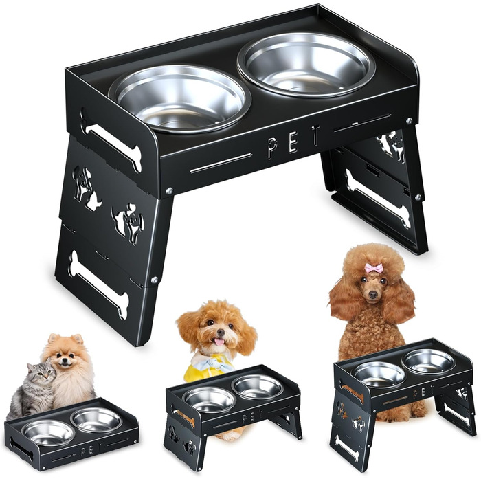 Підвищений годівниця для собак з 3 рівнями – 2 великі миски з нержавіючої сталі для собак маленьких, середніх та великих порід (Чорний матовий)