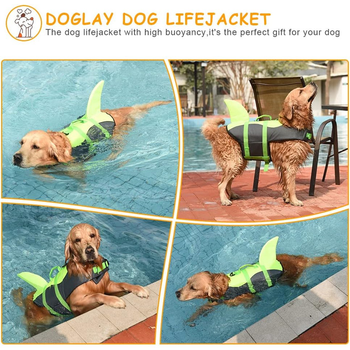 Жилет для плавання собак Doglay з принтом акули, середній розмір, зелений. Забезпечує плавучість та безпеку під час купання та відпочинку на воді.