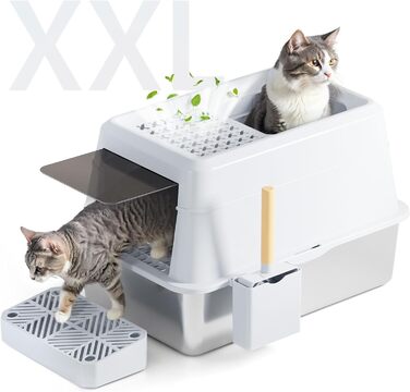 Котячий туалет FRETONBA з нержавіючої сталі XXL 26 л, високі стінки, білий, з кришкою, педаллю та лопаткою, легке очищення, не протікає