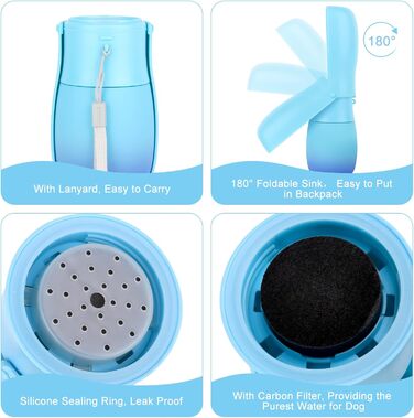 Портативна пляшка для води для собак та котів JOPHEK 300 мл з фільтром з активованого вугілля, блакитна