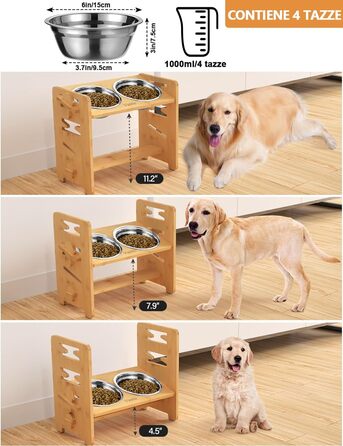 Підвищена годівниця для собак Vantic з підставкою, регульована висота, миска для маленьких собак та котів, з нержавіючої сталі, з двома мисками та протиковзкими ніжками (для середніх собак, бамбук)