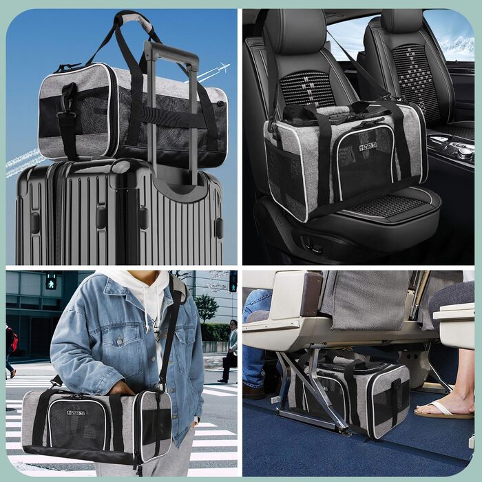 Переноска для котів і собак Petskd JetBlue Allegiant, м'яка, сіра, з безпековим замком, для тварин 0,5-3,6 кг, 43,6×3,6 см