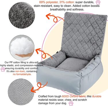 Автокрісло для собак SIVEIS – м'яке ліжко з кишенькою, для собак малого та середнього розміру, з ременем безпеки (02-Сіро-блакитний)