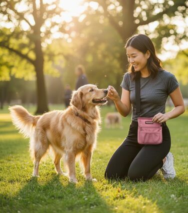 Сумка для ласощів для собак Leckerlibeutel – рожева, з магнітною застібкою та дозатором кульок, 3 відділення