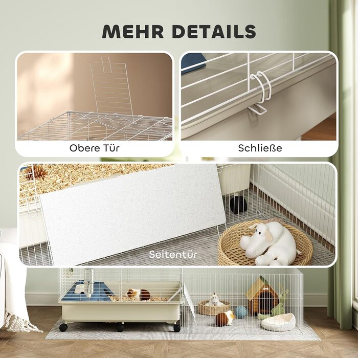 Клітка для дрібних тварин PawHut з вольєром, клітка для кроликів, клітка для дрібних тварин з пляшкою для води, годівницею для сіна, рампою, коліщатками. Підходить для морських свинок та їжаків. Білий колір.