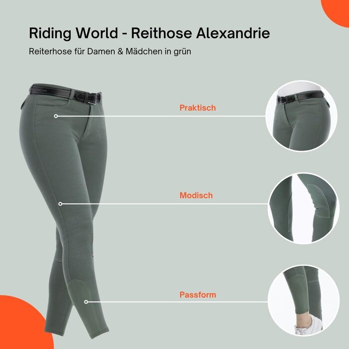 Лосини для верхової їзди Riding World Alexandrie для жінок та дітей | Лосини з накладками на колінах, кишені, 6 кольорів, розміри 104-176 та 32-44, колір: зелений