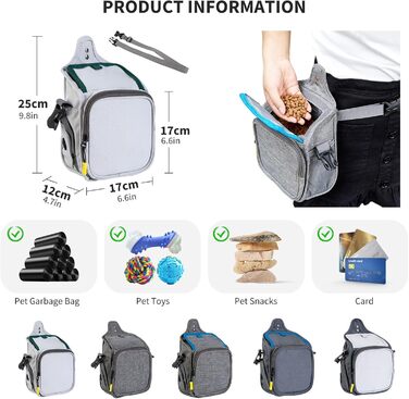 PETCUTE Сумка для дресирування собак, міцна сумка для ласощів, сумка для перенесення відходів, регульований плечовий ремінь, поясна сумка, кліп (білий, сірий+темно-зелений)