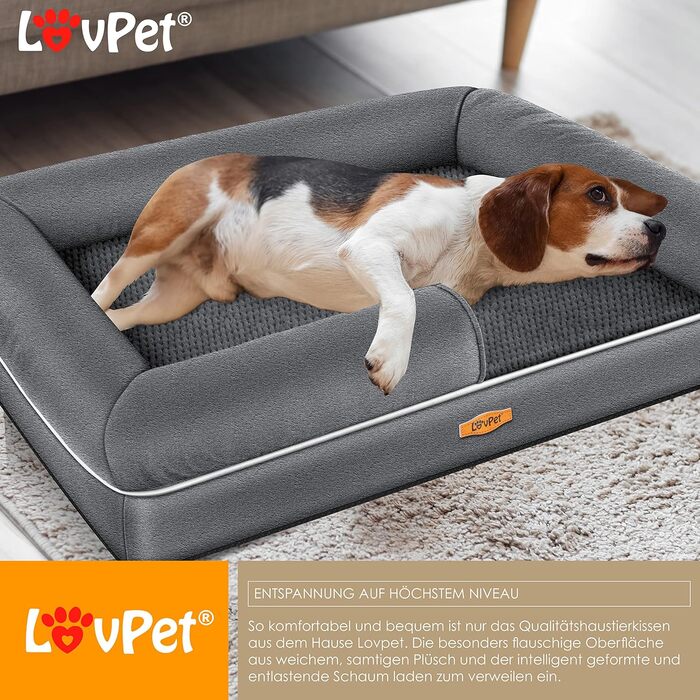 Ортопедичне ліжко-матрац для собак Lovpet Relax, комплект: миска + 3 жувальні кістки, диван-лежак для малих, середніх і великих собак, знімний і праний чохол, 91x71x22 см, антрацит